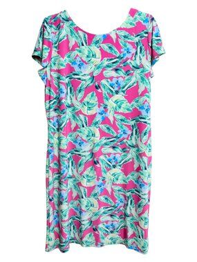 Cappagallo Hot Pink Tropical Leaf Floral Print Shift T-Shirt Dress L